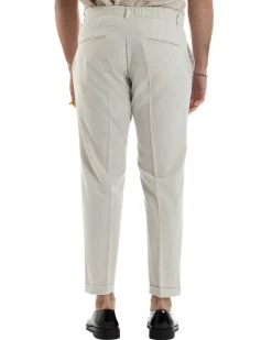 Pantaloni Uomo Viscosa Morbida Tasche America Abbottonatura Allungata Elastico Sul Retro Comodo Casual Tinta Unita Panna GIOSAL-P6217A