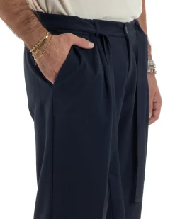 Pantaloni Uomo Viscosa Palazzo Fondo Ampio Cintura Baggy Blu P6401A