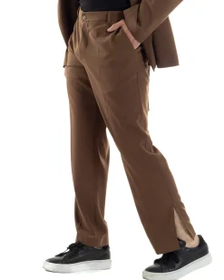Pantaloni Uomo Viscosa Palazzo Gamba Larga Spacchi Al Fondo Ampio Jogger Comodo Casual Tinta Unita Marrone GIOSAL-P6296A
