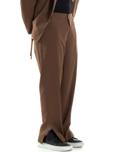 Pantaloni Uomo Viscosa Palazzo Gamba Larga Spacchi Al Fondo Ampio Jogger Comodo Casual Tinta Unita Marrone GIOSAL-P6296A