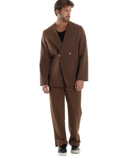 Pantaloni Uomo Viscosa Palazzo Gamba Larga Spacchi Al Fondo Ampio Jogger Comodo Casual Tinta Unita Marrone GIOSAL-P6296A
