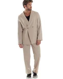 Pantaloni Uomo Viscosa Palazzo Gamba Larga Spacchi Al Fondo Ampio Jogger Comodo Casual Tinta Unita Beige GIOSAL-P6295A