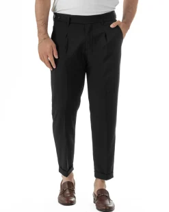 Pantaloni uomo viscosa pinces classico abbottonatura allungata estivo nero GIOSAL-P6454A