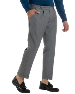 Pantaloni Uomo Viscosa Pinces Classico Abbottonatura Allungata Grigio P6393A