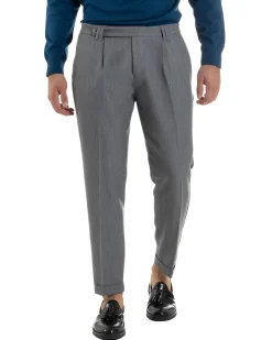 Pantaloni Uomo Viscosa Pinces Classico Abbottonatura Allungata Grigio P6393A