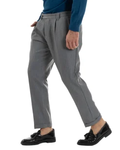 Pantaloni Uomo Viscosa Pinces Classico Abbottonatura Allungata Grigio P6393A