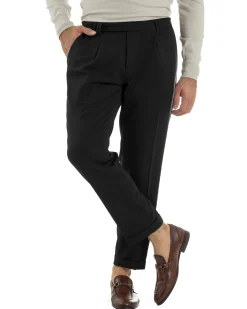 Pantaloni Uomo Viscosa Pinces Classico Abbottonatura Allungata Nero P6396A