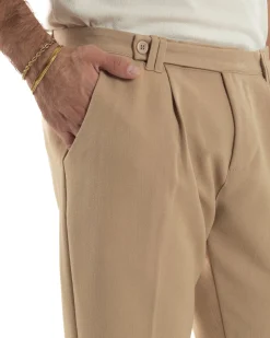 Pantaloni Uomo Viscosa Pinces Classico Abbottonatura Allungata Beige P6397A