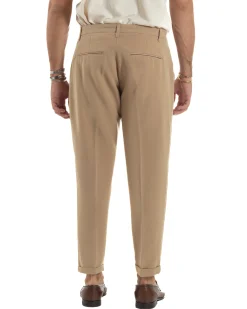 Pantaloni Uomo Viscosa Pinces Classico Abbottonatura Allungata Beige P6397A