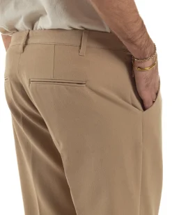 Pantaloni Uomo Viscosa Pinces Classico Abbottonatura Allungata Beige P6397A