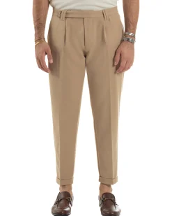 Pantaloni Uomo Viscosa Pinces Classico Abbottonatura Allungata Beige P6397A