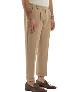 Pantaloni Uomo Viscosa Pinces Classico Abbottonatura Allungata Beige P6397A