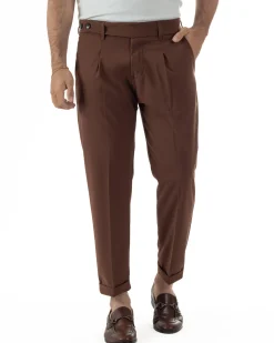 Pantaloni uomo viscosa pinces classico abbottonatura allungata estivo marrone GIOSAL-P6455A