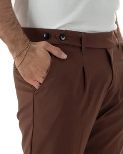 Pantaloni uomo viscosa pinces classico abbottonatura allungata estivo marrone GIOSAL-P6455A
