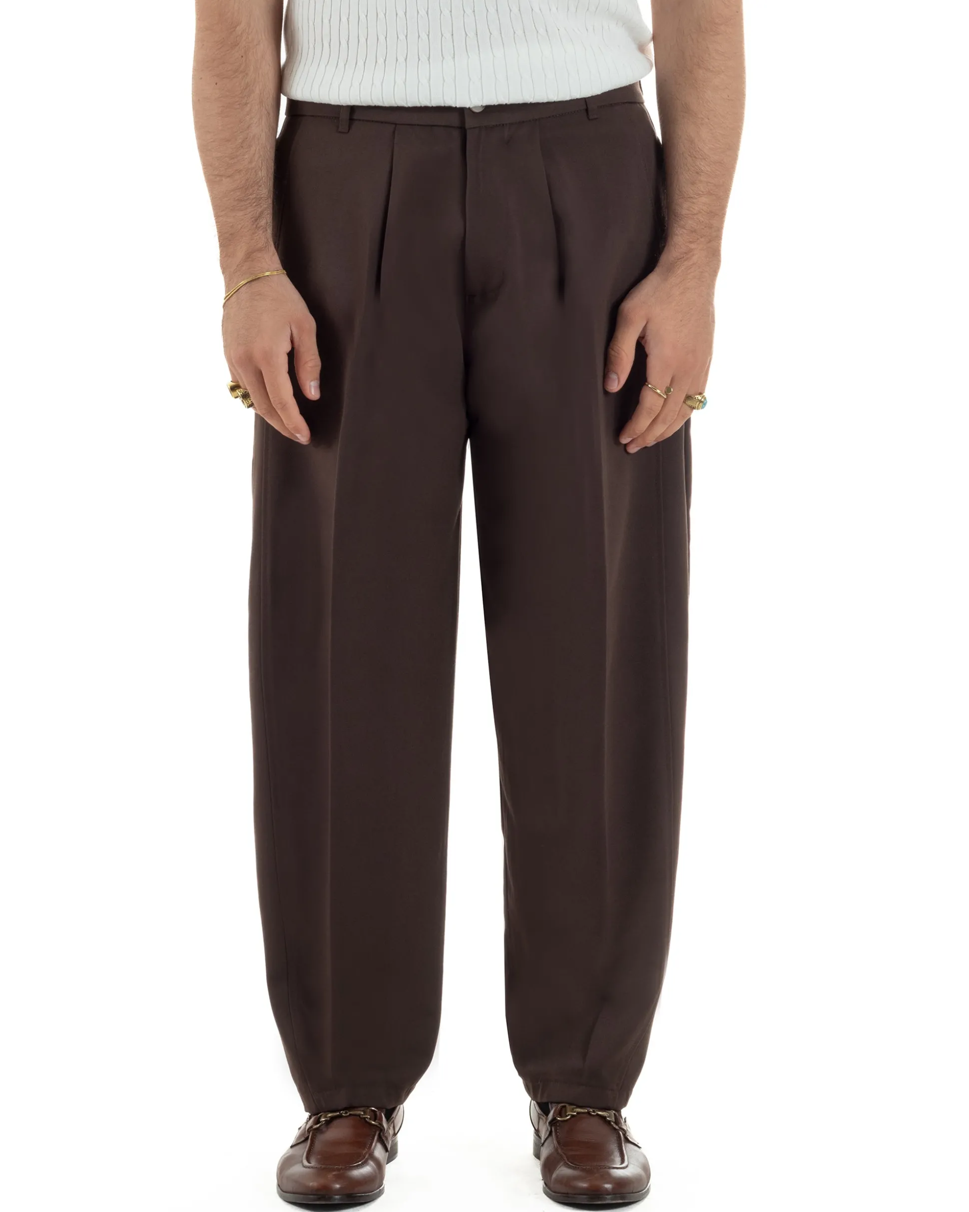 Pantaloni uomo viscosa pinces barrel fit strutturato marrone GIOSAL-P6476A