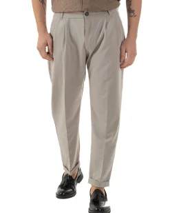 Pantaloni Uomo Viscosa Tasche America Doppia Pinces Comodo Balloon Fit Casual Tinta Unita Beige GIOSAL-P6240A