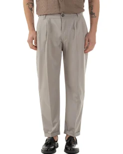 Pantaloni Uomo Viscosa Tasche America Doppia Pinces Comodo Balloon Fit Casual Tinta Unita Beige GIOSAL-P6240A