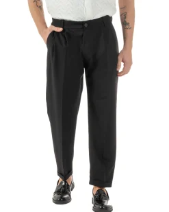 Pantaloni Uomo Viscosa Tasche America Doppia Pinces Comodo Balloon Fit Casual Tinta Unita Nero GIOSAL-P6241A