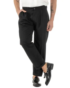 Pantaloni Uomo Viscosa Tasche America Doppia Pinces Comodo Balloon Fit Casual Tinta Unita Nero GIOSAL-P6241A