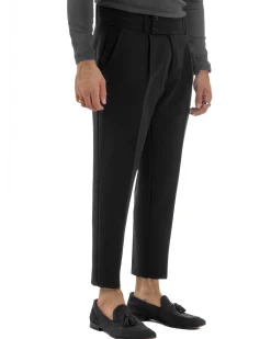 Pantaloni Uomo Viscosa Vita Alta Con Pinces Classico Casual Nero P6375A