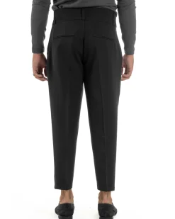 Pantaloni Uomo Viscosa Vita Alta Con Pinces Classico Casual Nero P6375A