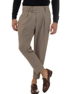 Pantaloni Uomo Viscosa Vita Alta Con Pinces Classico Casual Beige Melangiato P6374A