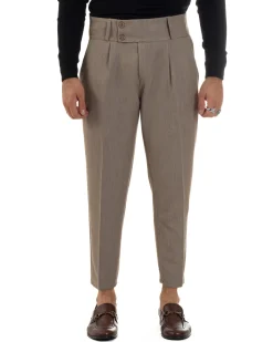 Pantaloni Uomo Viscosa Vita Alta Con Pinces Classico Casual Beige Melangiato P6374A