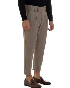 Pantaloni Uomo Viscosa Vita Alta Con Pinces Classico Casual Beige Melangiato P6374A