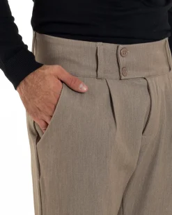 Pantaloni Uomo Viscosa Vita Alta Con Pinces Classico Casual Beige Melangiato P6374A