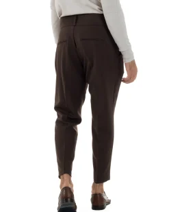 Pantaloni Uomo Viscosa Vita Alta Con Pinces Classico Casual Marrone P6377A