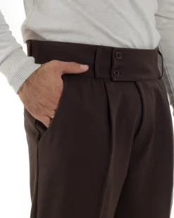 Pantaloni Uomo Viscosa Vita Alta Con Pinces Classico Casual Marrone P6377A
