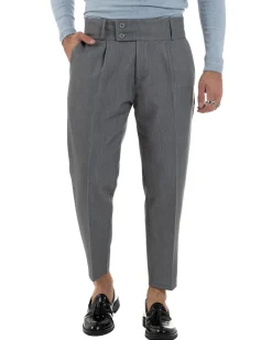 Pantaloni Uomo Viscosa Vita Alta Con Pinces Classico Casual Grigio P6372A