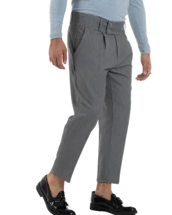 Pantaloni Uomo Viscosa Vita Alta Con Pinces Classico Casual Grigio P6372A