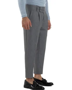 Pantaloni Uomo Viscosa Vita Alta Con Pinces Classico Casual Grigio P6372A