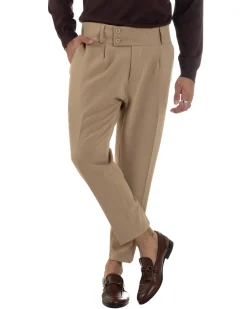 Pantaloni Uomo Viscosa Vita Alta Con Pinces Classico Casual Beige P6376A