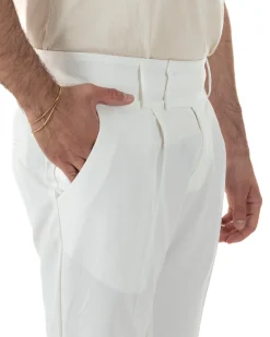 Pantaloni uomo vita alta con pinces classico bustino abbottonatura allungata casual viscosa estivo bianco GIOSAL-P6452A