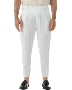 Pantaloni uomo vita alta con pinces classico bustino abbottonatura allungata casual viscosa estivo bianco GIOSAL-P6452A