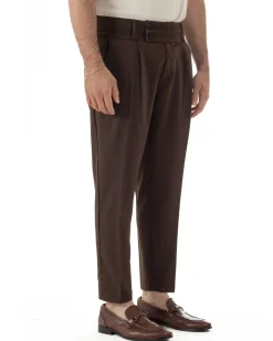 Pantaloni uomo vita alta con pinces classico bustino abbottonatura allungata casual viscosa estivo marrone GIOSAL-P6450A