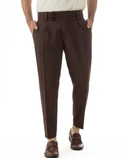 Pantaloni uomo vita alta con pinces classico bustino abbottonatura allungata casual viscosa estivo marrone GIOSAL-P6450A