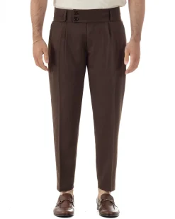 Pantaloni uomo vita alta con pinces classico bustino abbottonatura allungata casual viscosa estivo marrone GIOSAL-P6450A