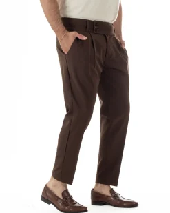 Pantaloni uomo vita alta con pinces classico bustino abbottonatura allungata casual viscosa estivo marrone GIOSAL-P6450A