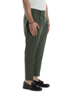 Pantaloni Uomo Vita Alta Con Pinces Classico Bustino Abbottonatura Allungata Casual Viscosa Estivo Verde GIOSAL-P6275A
