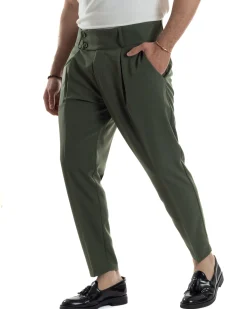 Pantaloni Uomo Vita Alta Con Pinces Classico Bustino Abbottonatura Allungata Casual Viscosa Estivo Verde GIOSAL-P6275A