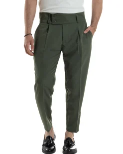 Pantaloni Uomo Vita Alta Con Pinces Classico Bustino Abbottonatura Allungata Casual Viscosa Estivo Verde GIOSAL-P6275A