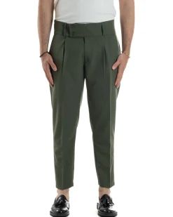 Pantaloni Uomo Vita Alta Con Pinces Classico Bustino Abbottonatura Allungata Casual Viscosa Estivo Verde GIOSAL-P6275A