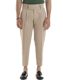 Pantaloni Uomo Vita Alta Con Pinces Classico Bustino Abbottonatura Allungata Casual Viscosa Estivo Beige GIOSAL-P6276A