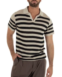 Polo uomo filo maglia a righe colletto aperto beige GIOSAL-TS3290A