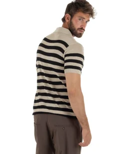 Polo uomo filo maglia a righe colletto aperto beige GIOSAL-TS3290A