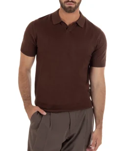 Polo uomo filo maglia basic colletto aperto sottogiacca marrone GIOSAL-TS3288A