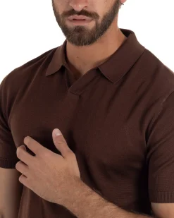 Polo uomo filo maglia basic colletto aperto sottogiacca marrone GIOSAL-TS3288A